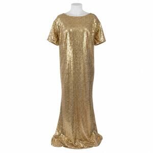 NEW Honey Qiao Sparkly Modest Gold Sequin Short Sleeve Sheath Shift Dress Sz XL